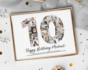 Cadeau 10e anniversaire fille fils fille garçon, affiche photo 10e anniversaire, bannière de décoration de fête 10e anniversaire, invitation 10e anniversaire