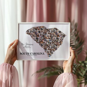 Collage de fotos de arte de mapas de Carolina del Sur, recuerdos de viajes de Carolina del Sur, imágenes de vacaciones en Carolina del Sur, impresiones de aventuras, póster, camiseta, SVG