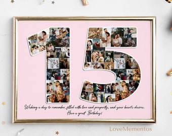 15th Birthday Gift for Girl Boy, 15 Years Old Birthday Invitation Decoration Invite, Happy 15th Daughter Party Idea, Quinceañera Collage