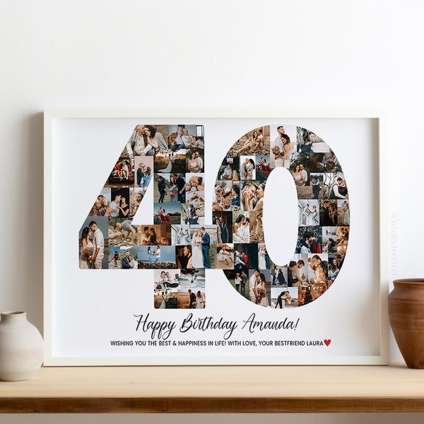 Happy 40th Birthday Gift Ideas, 40th Birthday Poster, 40th Birthday Party Decorations, 40 years old birthday sign, number 40 photo collage