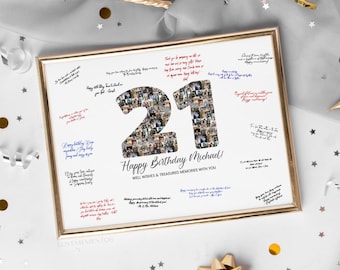 May include: A white framed photo collage of a 21st birthday celebration. The number 21 is made up of photos and surrounded by well wishes and signatures. The text "Happy Birthday Michael! Well wishes & treasured memories with you" is printed below the number 21.