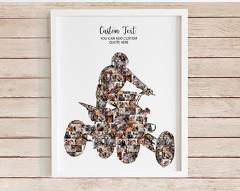 May include: White framed print featuring a silhouette of a person riding an ATV, composed of numerous smaller photos. The text "Custom Text" and "YOU CAN ADD CUSTOM QUOTE HERE" is at the top. The background is a light wood grain.