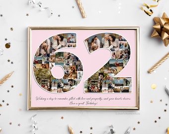 Cadeau de 62e anniversaire pour elle et lui, cadeau de 62 ans pour hommes femmes, carte d'invitation de décoration de fête Happy 62e maman papa, collage personnalisé