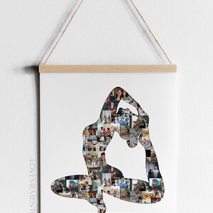 May include: A photo collage in the shape of a person doing a yoga pose. The collage is made up of many different photos of people. The text "Your custom text here." is printed below the collage.
