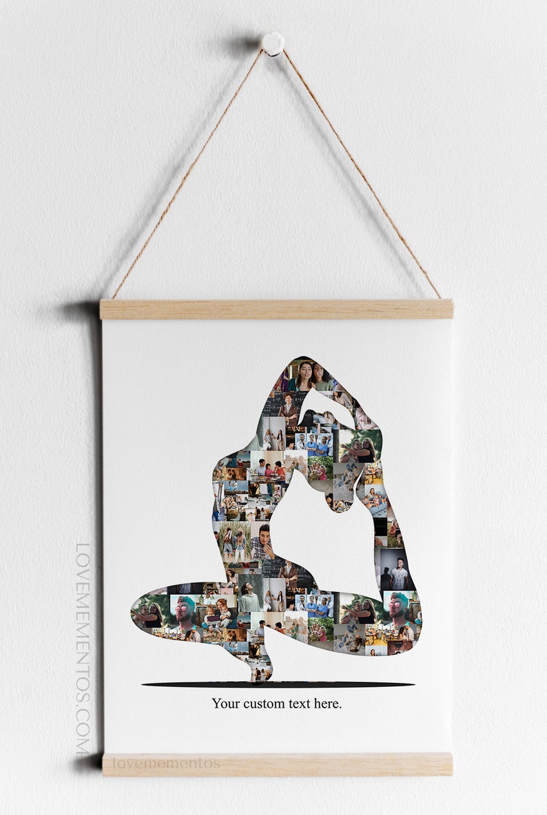 May include: A photo collage in the shape of a person doing a yoga pose. The collage is made up of many different photos of people. The text "Your custom text here." is printed below the collage.
