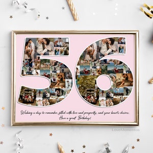 Presente de aniversário de 56 anos para ela e para ele, presente de 56 anos para homens e mulheres, cartão de convite para decoração de festa de feliz aniversário de 56 anos, colagem personalizada