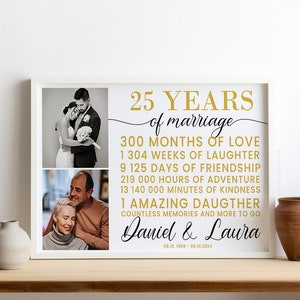Peut inclure: Une impression encadr&eacute;e blanche avec deux photos d'un couple. Le texte indique "25 ans de mariage", "300 mois d'amour", "1 304 semaines de rires", "9 125 jours d'amiti&eacute;", "219 000 heures d'aventure", "13 140 000 minutes de gentillesse", "1 fille extraordinaire", "D'innombrables souvenirs et plus encore &agrave; venir", "Daniel & Laura", "08.16.1999 - 08.16.2024".