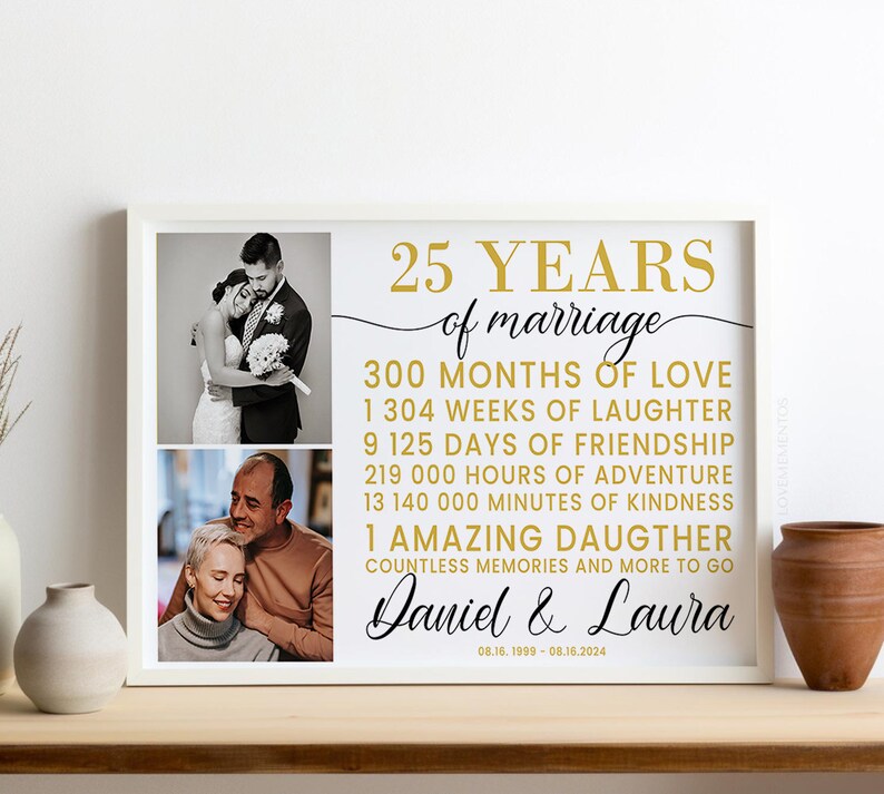 Peut inclure: Une impression encadr&eacute;e blanche avec deux photos d'un couple. Le texte indique "25 ans de mariage", "300 mois d'amour", "1 304 semaines de rires", "9 125 jours d'amiti&eacute;", "219 000 heures d'aventure", "13 140 000 minutes de gentillesse", "1 fille extraordinaire", "D'innombrables souvenirs et plus encore &agrave; venir", "Daniel & Laura", "08.16.1999 - 08.16.2024".