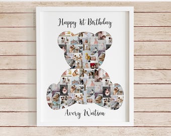 May include: A white framed photo collage in the shape of a teddy bear, filled with multiple photos. The text "Happy 1st Birthday" is at the top, and "Avery Watson" is at the bottom, in black script.