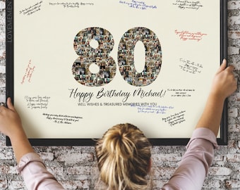 May include: A white poster with a photo collage of 80 in the shape of the number 80. The poster has the text "Happy Birthday Michael! Well wishes & treasured memories with you." written on it.