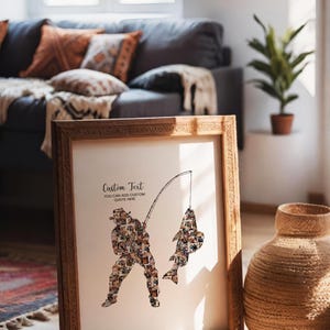 May include: A framed print with a fisherman silhouette catching a fish, made up of many photos. The text reads "Custom Text" and "You can add custom quote here". The frame is wooden, and the background is a light beige.