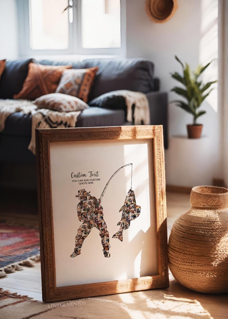 May include: A framed print with a fisherman silhouette catching a fish, made up of many photos. The text reads "Custom Text" and "You can add custom quote here". The frame is wooden, and the background is a light beige.
