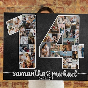 Presente de 14º aniversário para ele, marido e esposa, cartão de aniversário de casamento de 14 anos para casais, casamento de 14º ano em marfim, colagem de fotos de homens e mulheres