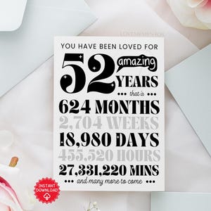 52nd Birthday Printable Card, 52nd Birthday Gift Men Women, Funny 52nd Birthday Greeting Card, 52nd Birthday Party Invite Decoration Poster