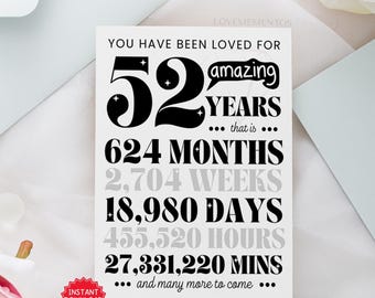 52nd Birthday Printable Card, 52nd Birthday Gift Men Women, Funny 52nd Birthday Greeting Card, 52nd Birthday Party Invite Decoration Poster