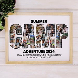 Może przedstawiać: Czarno-biały kolaż zdjęć z napisem "CAMP" oraz tekstem "SUMMER CAMP ADVENTURE 2024" i "FROM SUNRISE TO SUNDOWN, THE FUN NEVER ENDS CUSTOM TEXT OR MESSAGE" poniżej.
