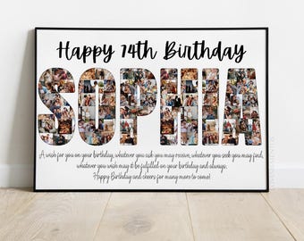 Regalo di compleanno personalizzato per 74 anni, uomo e donna, collage con nome per 74 anni, invito per decorazioni per feste di compleanno, regalo di compleanno per 74 anni per lui e lei.