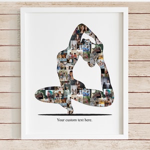 May include: A white framed photo with a silhouette of a person in a yoga pose. The silhouette is filled with many small photos of people. The text "Your custom text here." is at the bottom of the photo.