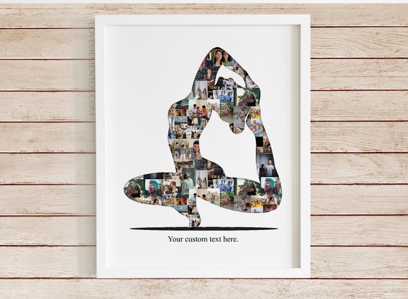 May include: A white framed photo with a silhouette of a person in a yoga pose. The silhouette is filled with many small photos of people. The text "Your custom text here." is at the bottom of the photo.
