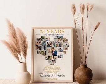 Regalos de 25.º aniversario para esposo, collage de fotos personalizado de corazón para parejas, regalo de 25.º aniversario de bodas para esposa.