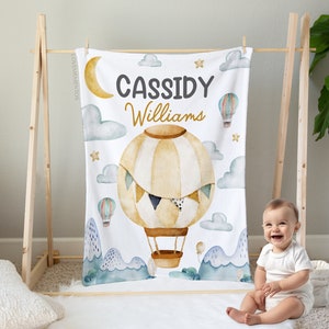 Hot Air Balloon Blanket, Personalized Baby Name Blanket, Gender Neutral Nursery Receiving Blanket, Hot Air Balloon Baby Shower, Sky Blanket
