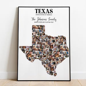Può includere: Una stampa incorniciata con un collage di foto a forma di Texas. Il testo in alto recita "TEXAS UNITED STATES OF AMERICA". Sotto, c'è scritto "The Johnsons Family MARCH 2025 ANY CUSTOM TEXT."