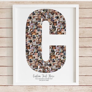 May include: A white framed print displaying a large letter "C" composed of many small photographs. The photos seem to be of people. The bottom of the print has the text "Custom Text Here".