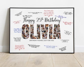 Aangepaste 25e verjaardag gast teken naam collage, 25e verjaardag feestdecoratie, 25e verjaardag banner thema-uitnodiging, 25e verjaardag man vrouw