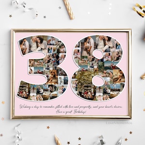 Regalo de 38 cumpleaños para ella y para él, regalo de 38 años para hombres y mujeres, tarjeta de invitación de decoración para fiesta de feliz 38 cumpleaños, collage personalizado