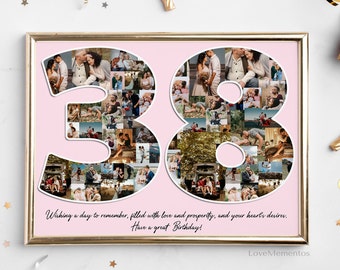 May include: A pink background with a white outline of the numbers 38. The numbers are filled with a collage of photos of a couple. The text "Wishing a day to remember, filled with love and prosperity, and your heart's desires. Have a great Birthday!" is below the numbers. The text "LoveMementos" is at the bottom of the image.