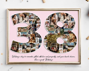 38th Birthday Gift for Her & Him, 38 Year Old Gift for Men Women, Happy 38th Birthday Party Decoration Invitation Card, Personalized Collage