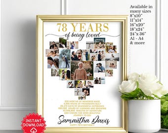 78th Birthday Heart Photo Collage Editable Template, 78th Birthday Gift for Man Woman, 78th Birthday Decorations Invitation, 78 years loved