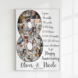 Regalo del octavo aniversario para su esposo, regalo del octavo aniversario para su esposa, tarjeta del octavo aniversario de bodas, collage de cuenta regresiva de bronce de 8 años