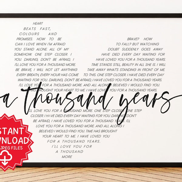 Art mural avec paroles de chanson de A Thousand Years - Christina Perri, chanson de mariage, chanson pour couples, première danse, paroles de chanson imprimables téléchargeables numériques