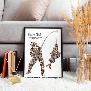 May include: Framed print with a black border, showing a fisherman and a fish, each made up of smaller images. The print has the text "Custom Text" and "YOU CAN ADD CUSTOM QUOTE HERE". The artwork is on a white surface.