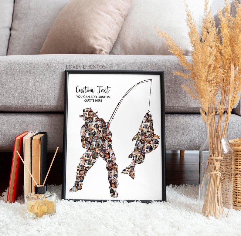 May include: Framed print with a black border, showing a fisherman and a fish, each made up of smaller images. The print has the text "Custom Text" and "YOU CAN ADD CUSTOM QUOTE HERE". The artwork is on a white surface.