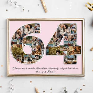 64 Geburtstag Geschenk für Sie und Ihn, 64 Jahre alt Geschenk für Männer Frauen, Happy 64th Party Dekoration Einladungskarte Mama Papa, personalisierte Collage
