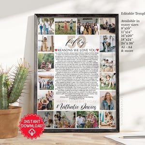 Modelo editável de 50 motivos pelos quais amamos você, 50 coisas que amamos em você, decorações para festa de 50 anos, pôster de cartão de aniversário de 50 anos para impressão svg