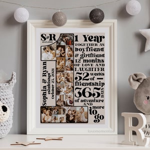 May include: A framed print featuring a collage of photographs and text commemorating a couple's first anniversary. The text reads "S&R established October 23, 2021, 1 Year Together as Boyfriend & Girlfriend, 12 Months of Love and Laughter, 52 Weeks of Friendship, 365 Days of Adventure and More to Go".
