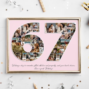 Presente de aniversário de 67 anos para ela e para ele, presente de 67 anos para homens e mulheres, cartão de convite para decoração de festa de 67 anos, mãe e pai, colagem personalizada