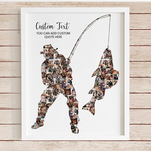 May include: Framed art print showing a fisherman and a fish, each made up of many small photos. The artwork includes the text "Custom Text" and "You can add custom quote here". The image is set against a white background.