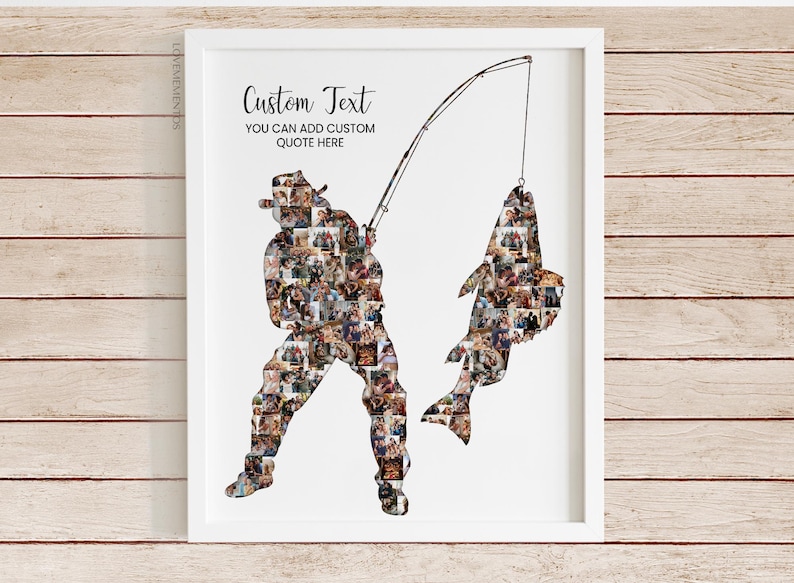 May include: Framed art print showing a fisherman and a fish, each made up of many small photos. The artwork includes the text "Custom Text" and "You can add custom quote here". The image is set against a white background.