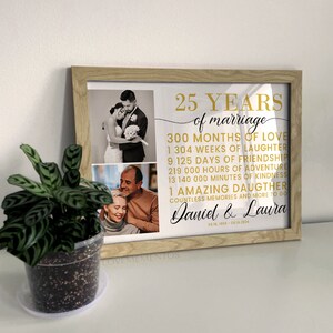 Peut inclure: Une impression encadr&eacute;e c&eacute;l&eacute;brant un 25e anniversaire de mariage avec des photos d'un couple et le texte "25 YEARS of marriage 300 MONTHS OF LOVE 1 304 WEEKS OF LAUGHTER 9 125 DAYS OF FRIENDSHIP 219 000 HOURS OF ADVENTURE 13 140 000 MINUTES OF KINDNESS 1 AMAZING DAUGTHER COUNTLESS MEMORIES AND MORE TO GO Daniel & Laura 01.16.1998-08.18.2024"