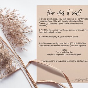May include: A beige background with text explaining how to download and print digital files. The text reads "How does it work?" and includes instructions for downloading, printing, and framing the files. The text also includes a note that this is a digital file and no physical products will be shipped.