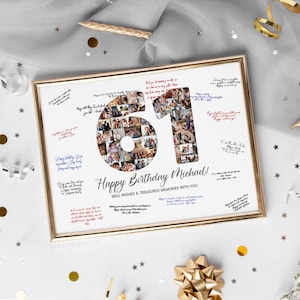 61e verjaardag decoratie gastenboek bord, 61e verjaardag cadeau mannen vrouwen, 61e verjaardagsfeestje uitnodiging poster, 61e verjaardag kaart hem/haar