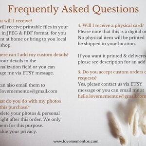 May include: Frequently Asked Questions about printable digital files. You will receive printable files in JPEG and PDF format. You can add custom details in the personalisation field or by sending a message via Etsy. You can also email hello.lovemementos@gmail.com. We delete your photos and personal info after your order. We only use them for this purpose. We value your privacy. If you want it printed and delivered, please see the description for an add-on. We accept custom orders or requests. Please contact us via Etsy message or email hello.lovemementos@gmail.com.