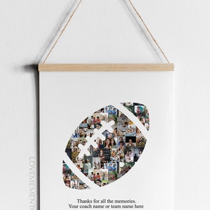 May include: A white canvas print with a football shape made of photos. The text "Thanks for all the memories. Your coach name or team name here" is printed below the football.