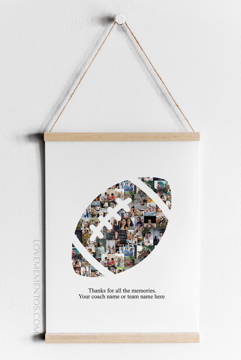 May include: A white canvas print with a football shape made of photos. The text "Thanks for all the memories. Your coach name or team name here" is printed below the football.
