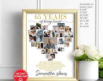 65th Birthday Heart Photo Collage Editable Template, 65th Birthday Gift for Man Woman, 65th Birthday Decorations Invitation, 65 years loved