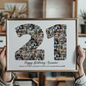 以下が含まれることがあります： 21の数字が小さな写真で構成された、額縁に入った写真のコラージュ。コラージュの下には、「Happy Birthday Amanda! Wishing you the best & happiness in life with love, your bestfriend Laura」というテキストが印刷されています。